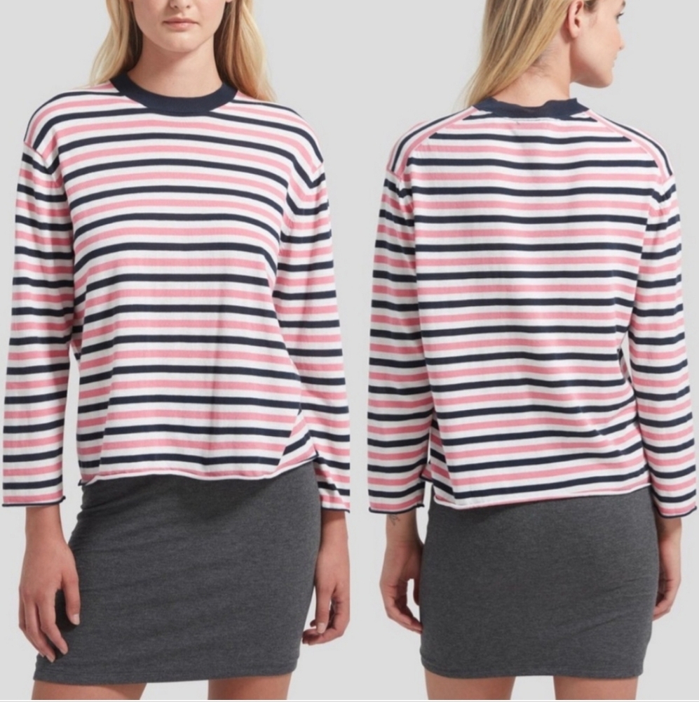 ATM Anthony Thomas Melillo Striped Long Sleeve Sweater Top in Pink and B…